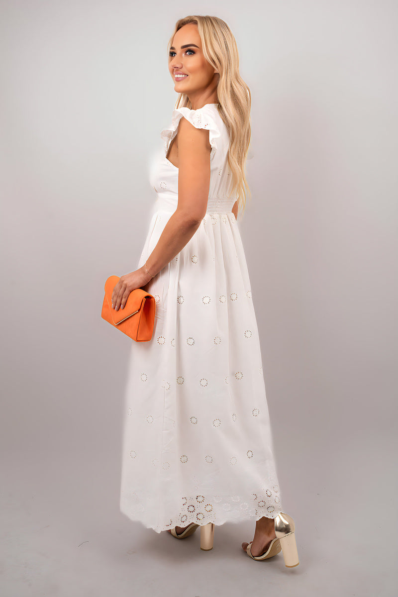 She Wears Glory™ Ruffle Short Sleeve V-Neck Button Front Lace Detail Maxi Dress - She Wears Glory Beverly Hills