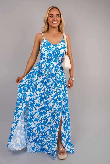 V Neck Spaghetti Strap Maxi Dress with All Over Print - She Wears Glory Beverly Hills