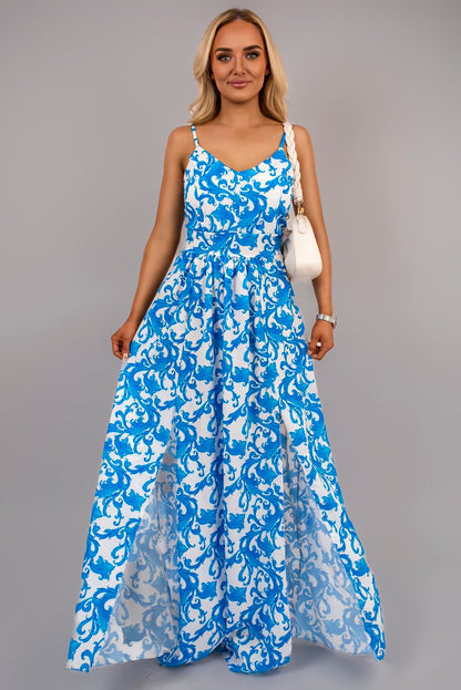 V Neck Spaghetti Strap Maxi Dress with All Over Print - She Wears Glory Beverly Hills