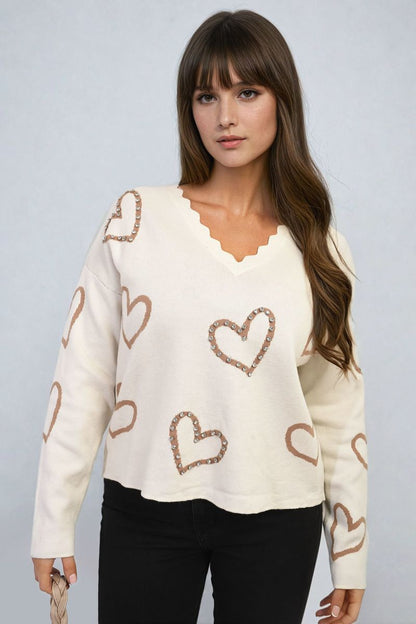 She Wears Glory™ V-neck Embellished Hearts Long Sleeve Knitted Jumper