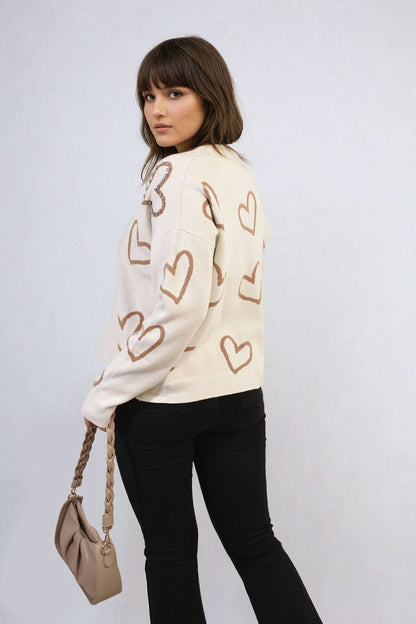 She Wears Glory™ V-neck Embellished Hearts Long Sleeve Knitted Jumper