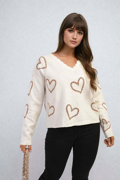 She Wears Glory™ V-neck Embellished Hearts Long Sleeve Knitted Jumper