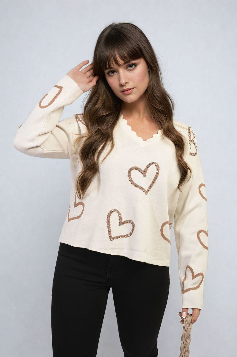 She Wears Glory™ V-neck Embellished Hearts Long Sleeve Knitted Jumper