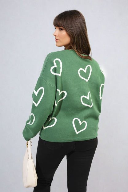 She Wears Glory™ V-neck Embellished Hearts Long Sleeve Knitted Jumper