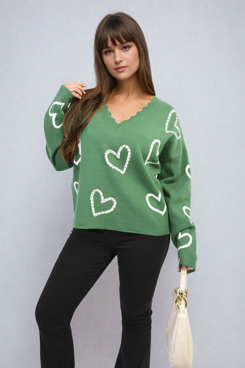 She Wears Glory™ V-neck Embellished Hearts Long Sleeve Knitted Jumper