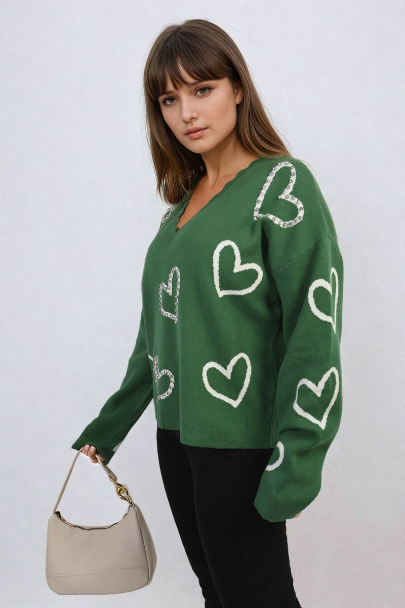 She Wears Glory™ V-neck Embellished Hearts Long Sleeve Knitted Jumper