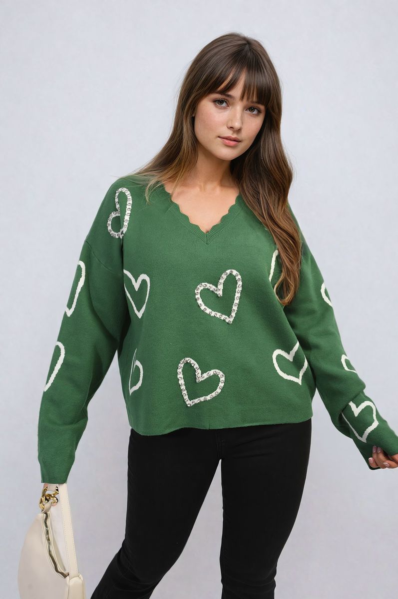 She Wears Glory™ V-neck Embellished Hearts Long Sleeve Knitted Jumper