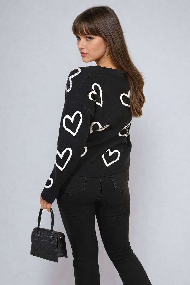 She Wears Glory™ V-neck Embellished Hearts Long Sleeve Knitted Jumper