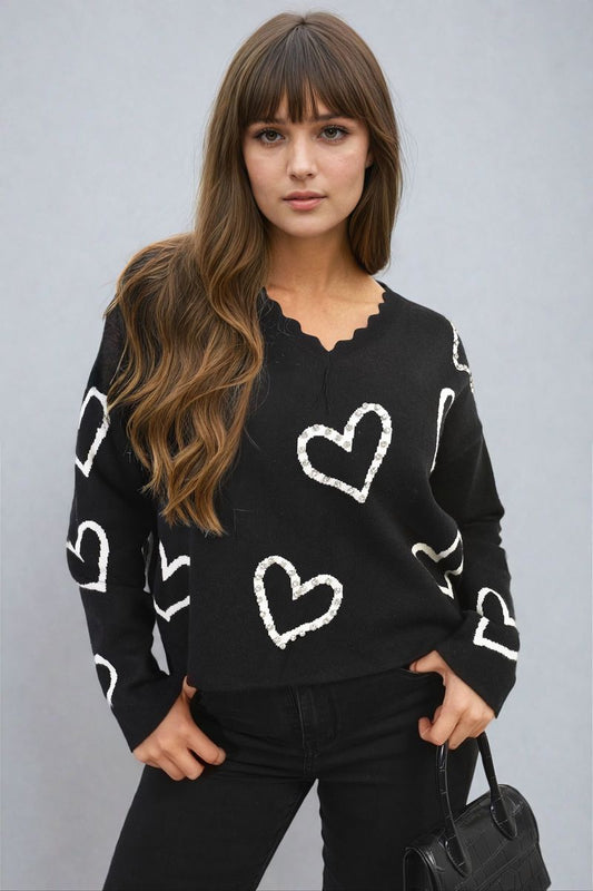 She Wears Glory™ V-neck Embellished Hearts Long Sleeve Knitted Jumper