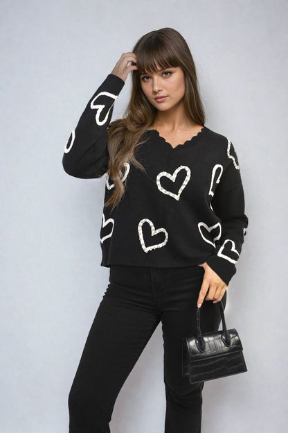 She Wears Glory™ V-neck Embellished Hearts Long Sleeve Knitted Jumper