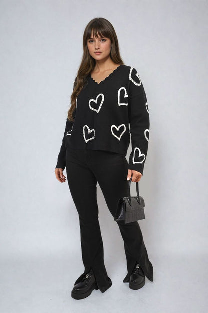 She Wears Glory™ V-neck Embellished Hearts Long Sleeve Knitted Jumper