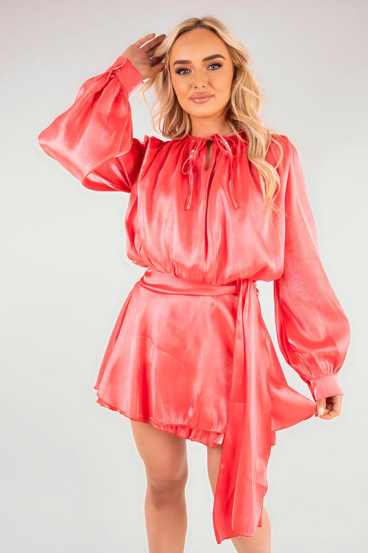 Satin Long Sleeve Ruffle Belted Mini Dress - She Wears Glory Beverly Hills