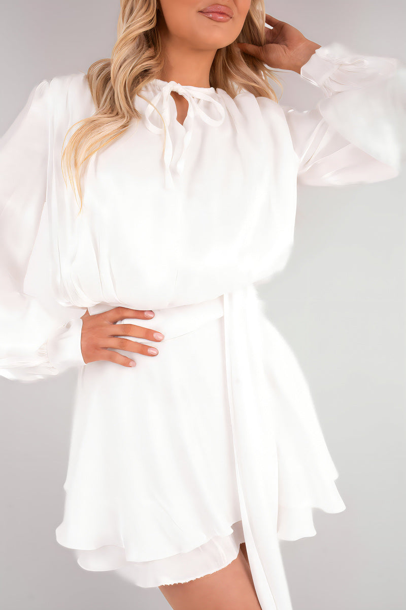 Satin Long Sleeve Ruffle Belted Mini Dress - She Wears Glory Beverly Hills