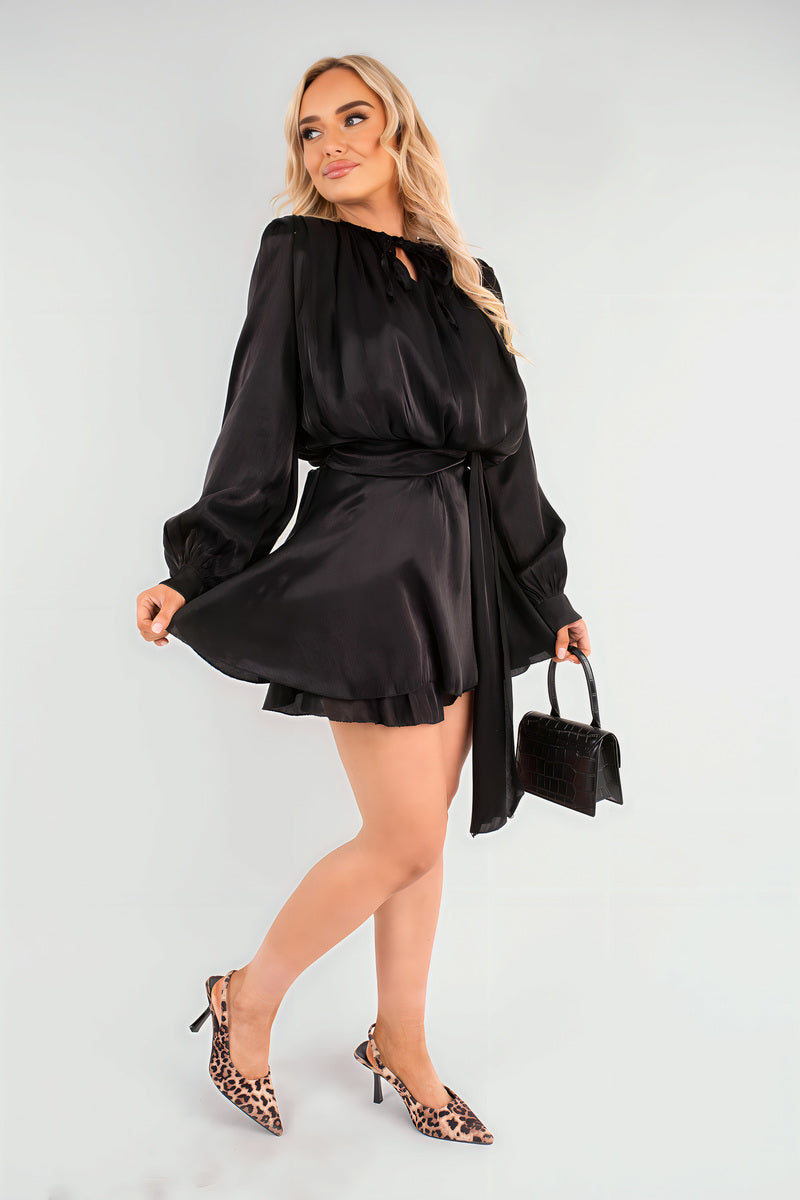 Satin Long Sleeve Ruffle Belted Mini Dress - She Wears Glory Beverly Hills