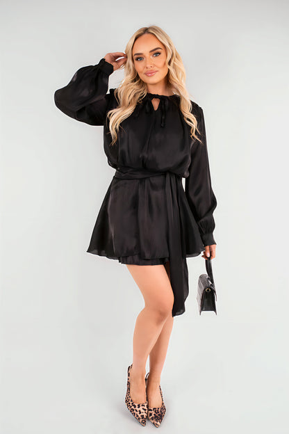 Satin Long Sleeve Ruffle Belted Mini Dress - She Wears Glory Beverly Hills