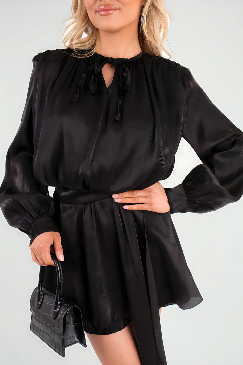 Satin Long Sleeve Ruffle Belted Mini Dress - She Wears Glory Beverly Hills