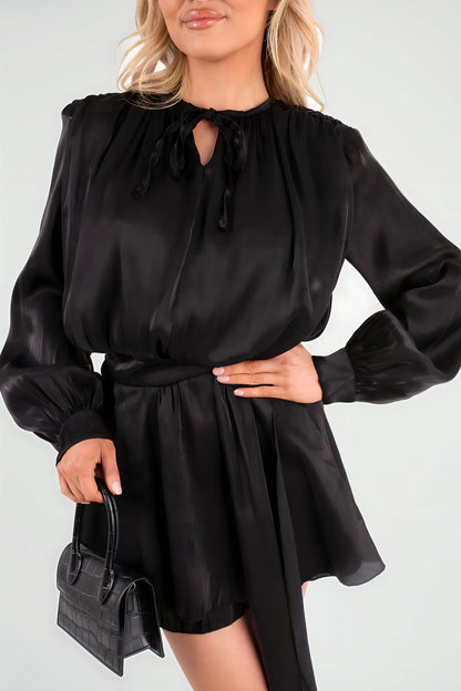 Satin Long Sleeve Ruffle Belted Mini Dress - She Wears Glory Beverly Hills