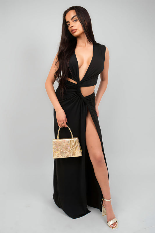 Twist Detail Plunge Split Leg Cut Out Maxi Dress - She Wears Glory Beverly Hills