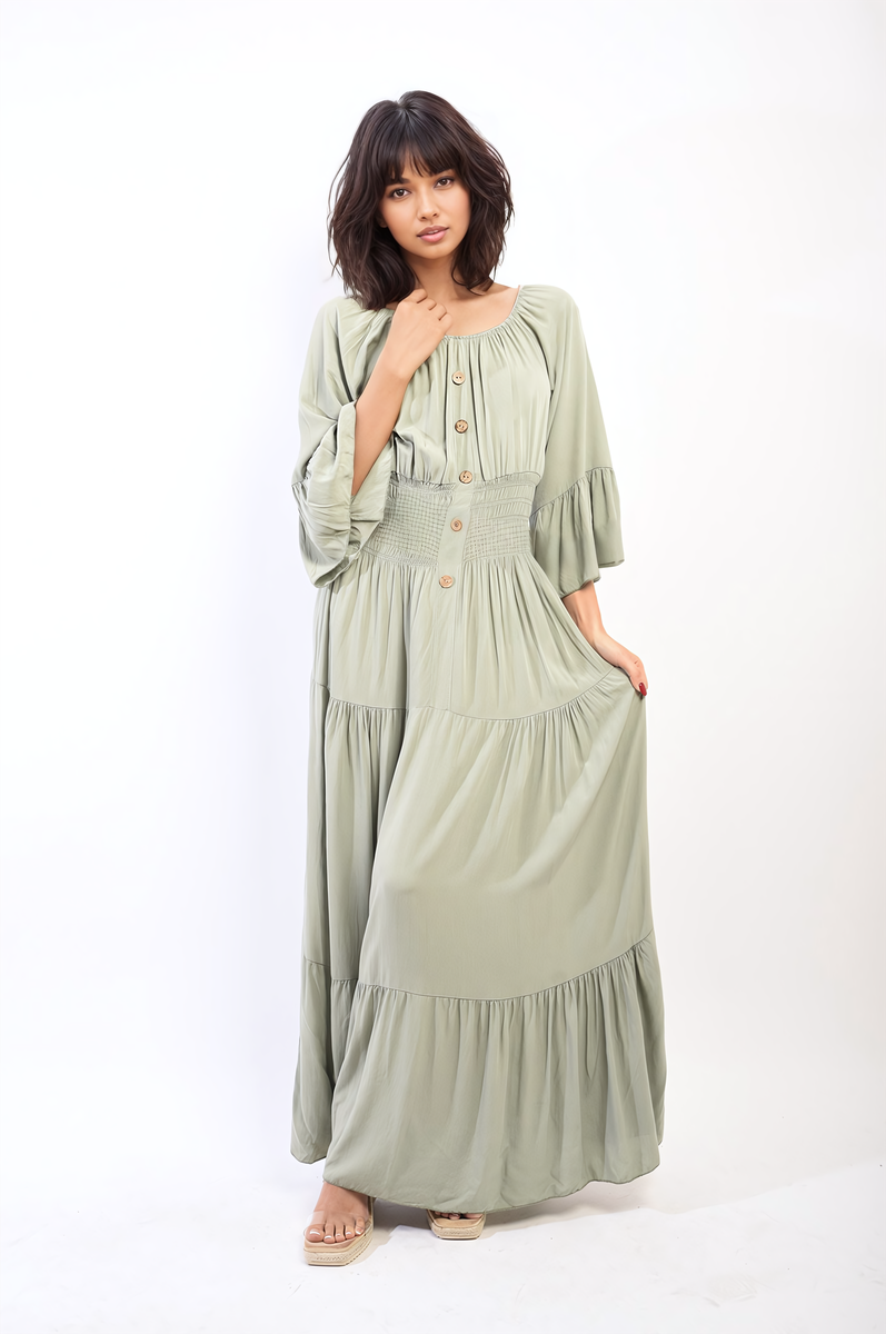 She Wears Glory™ Ruffle Hem Sleeve Shirred Waist Tiered Maxi Dress