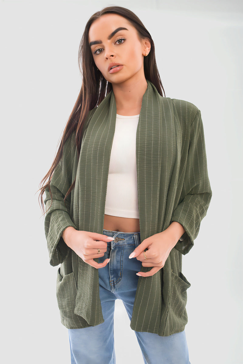 Oversized Striped Long Sleeve Cardigan with Pockets - She Wears Glory Beverly Hills