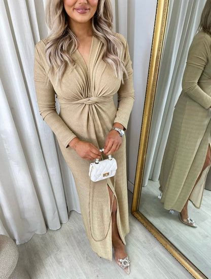 Glitter Twist Front Slit Maxi Dress - She Wears Glory Beverly Hills