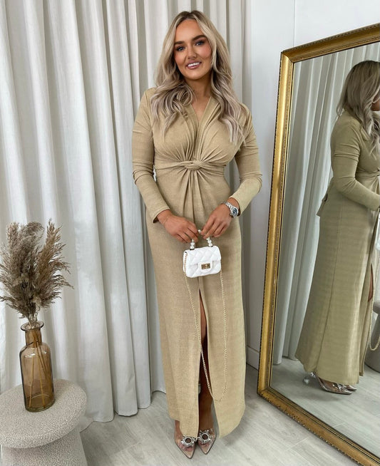 Glitter Twist Front Slit Maxi Dress - She Wears Glory Beverly Hills