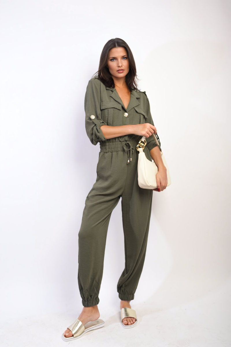 She Wears Glory™ Collar Button-Front Jogger Drawstring Jumpsuit