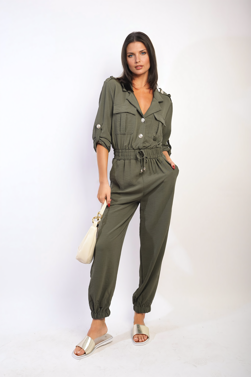 She Wears Glory™ Collar Button-Front Jogger Drawstring Jumpsuit