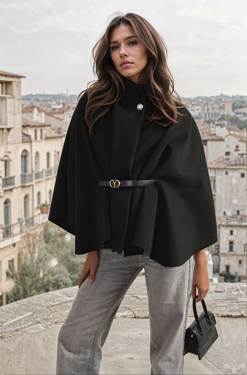She Wears Glory™ High Neck Belted Cape Jacket