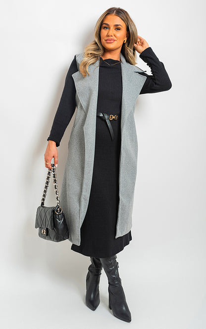 She Wears Glory™ Longline Sleeveless Wide Lapel Waist Tie Jacket - She Wears Glory Beverly Hills