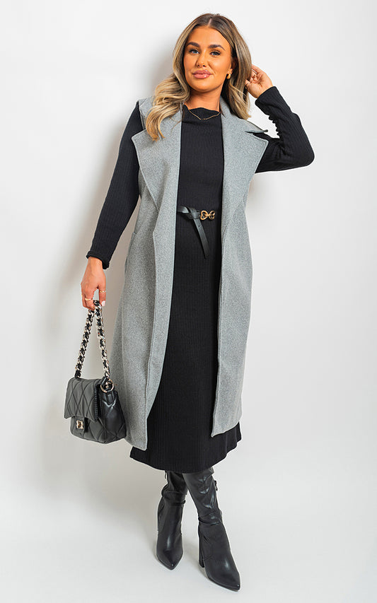 She Wears Glory™ Longline Sleeveless Wide Lapel Waist Tie Jacket - She Wears Glory Beverly Hills
