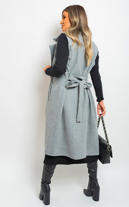 She Wears Glory™ Longline Sleeveless Wide Lapel Waist Tie Jacket - She Wears Glory Beverly Hills