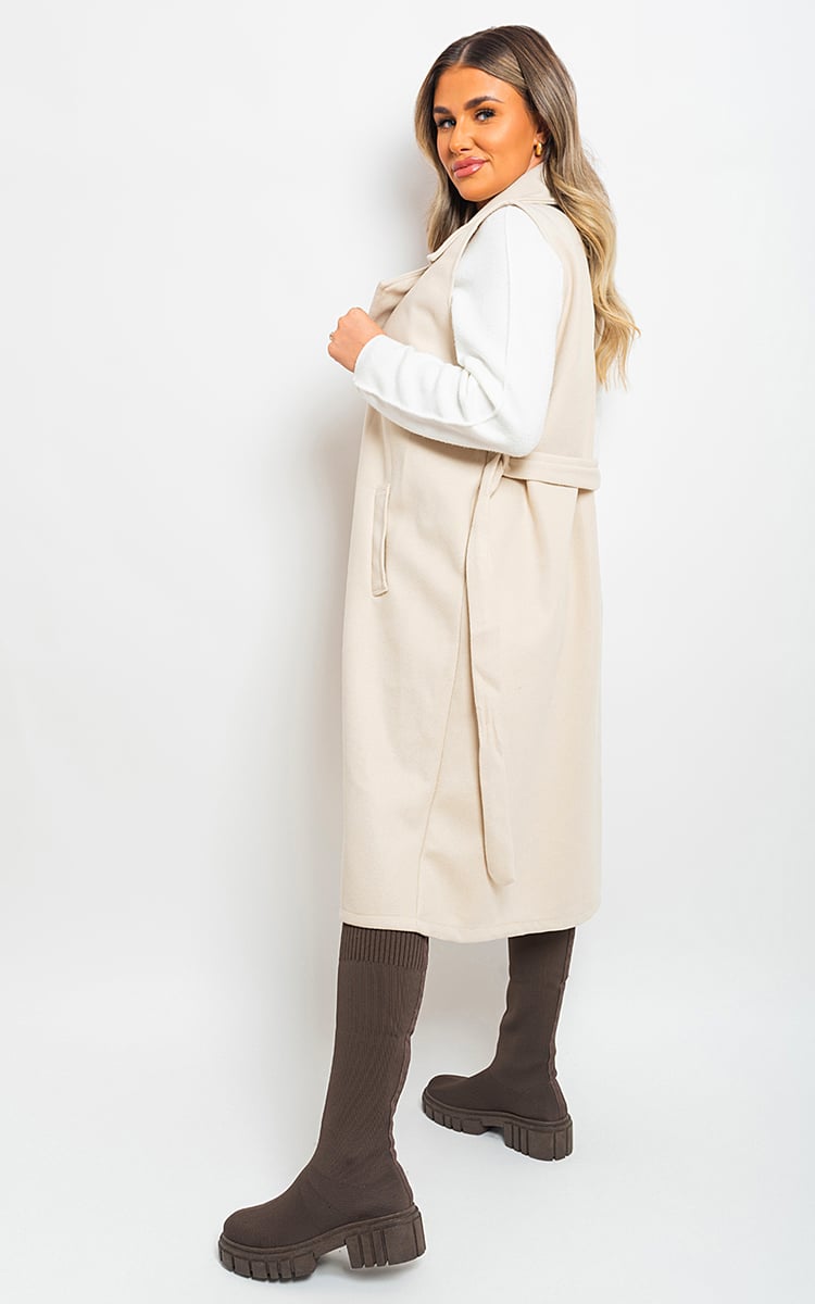 She Wears Glory™ Longline Sleeveless Wide Lapel Waist Tie Jacket - She Wears Glory Beverly Hills
