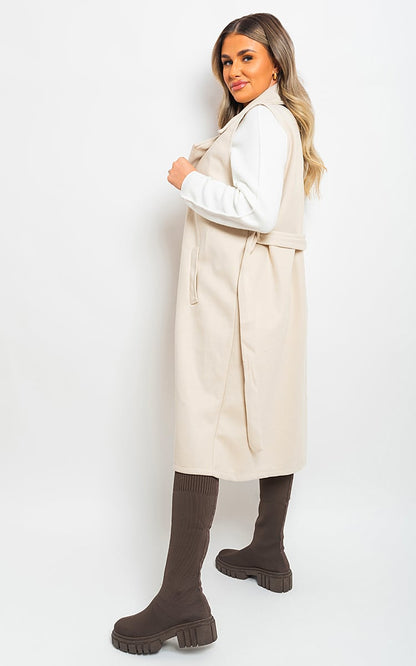 She Wears Glory™ Longline Sleeveless Wide Lapel Waist Tie Jacket - She Wears Glory Beverly Hills