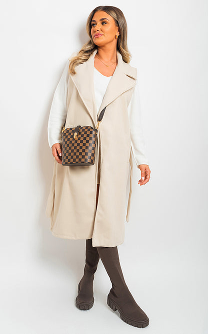She Wears Glory™ Longline Sleeveless Wide Lapel Waist Tie Jacket - She Wears Glory Beverly Hills