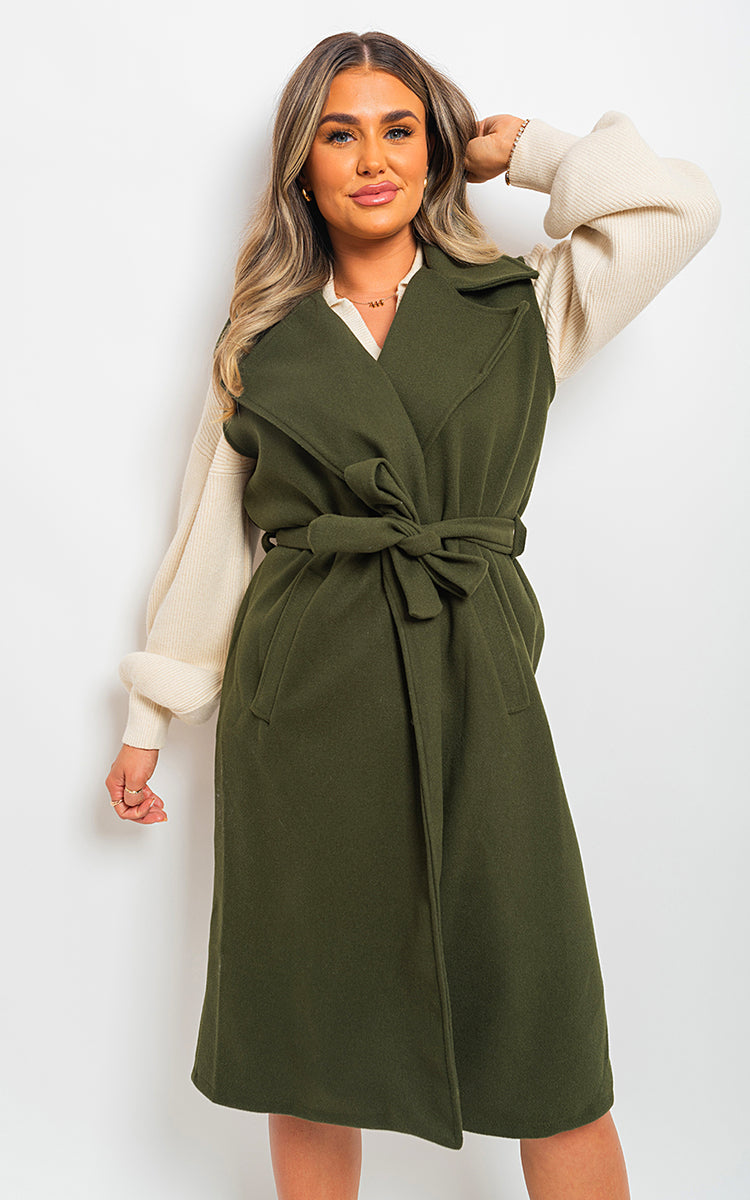 She Wears Glory™ Longline Sleeveless Wide Lapel Waist Tie Jacket - She Wears Glory Beverly Hills