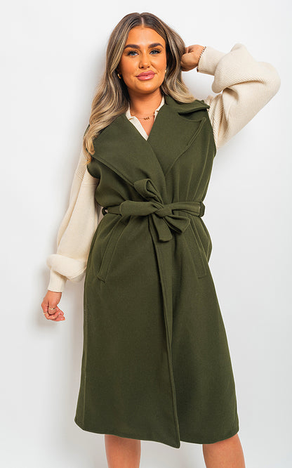 She Wears Glory™ Longline Sleeveless Wide Lapel Waist Tie Jacket - She Wears Glory Beverly Hills