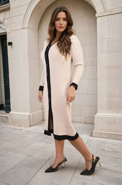 She Wears Glory™ Knitted Contrast Trim Long Sleeve Midi Dress