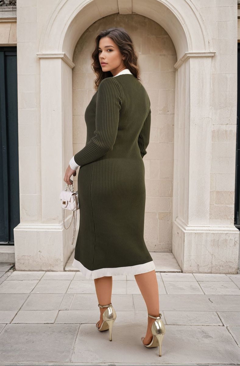 She Wears Glory™ Knitted Contrast Trim Long Sleeve Midi Dress