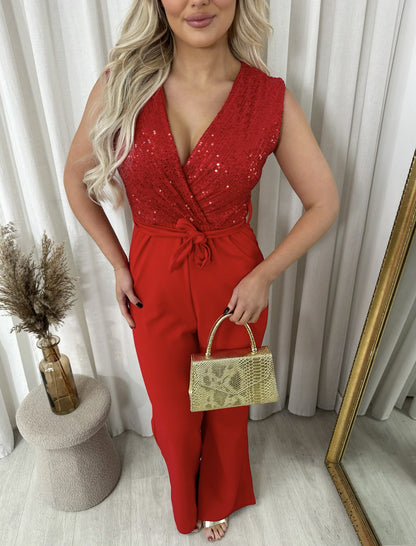 Elegant V-Neck Sequin Top Jumpsuit - She Wears Glory Beverly Hills