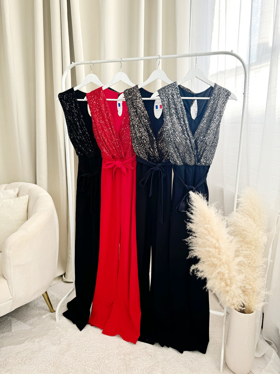 Elegant V-Neck Sequin Top Jumpsuit - She Wears Glory Beverly Hills