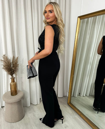 Elegant V-Neck Sequin Top Jumpsuit - She Wears Glory Beverly Hills