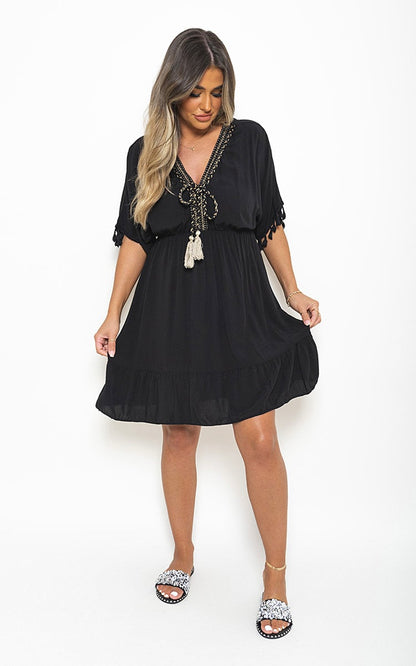 She Wears Glory™ V-Neck Short Sleeve Midi Dress with Tassel Detail