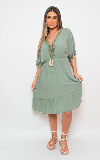 She Wears Glory™ V-Neck Short Sleeve Midi Dress with Tassel Detail