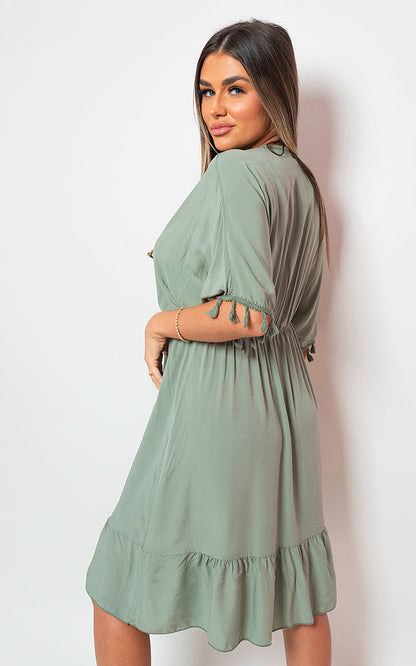 She Wears Glory™ V-Neck Short Sleeve Midi Dress with Tassel Detail