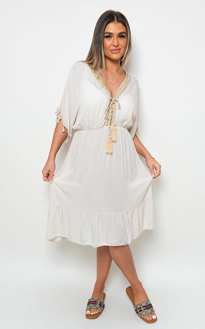 She Wears Glory™ V-Neck Short Sleeve Midi Dress with Tassel Detail