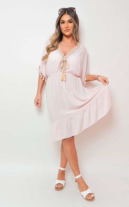 She Wears Glory™ V-Neck Short Sleeve Midi Dress with Tassel Detail