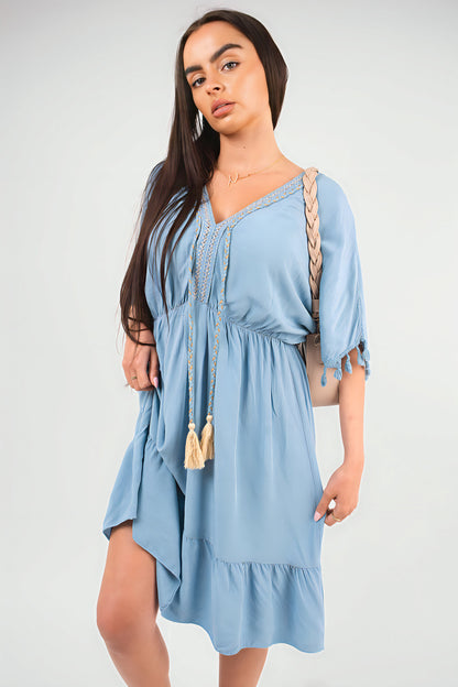 She Wears Glory™ V-Neck Short Sleeve Midi Dress with Tassel Detail