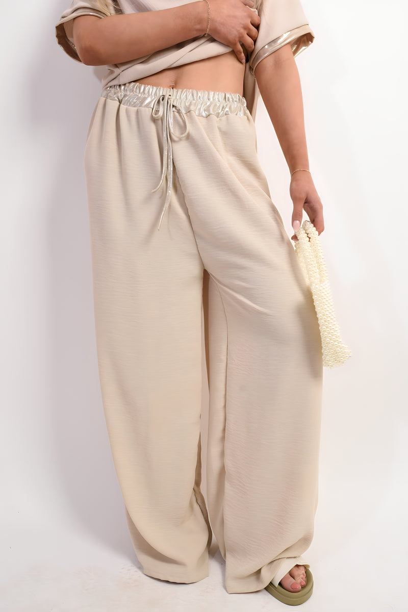 Drawstring Shiny Waist Wide Leg Trouser - She Wears Glory Beverly Hills