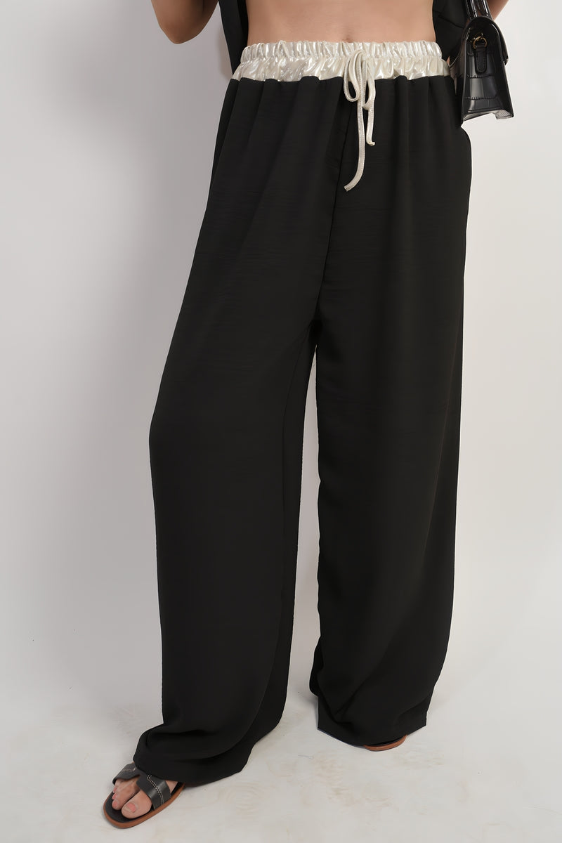 Drawstring Shiny Waist Wide Leg Trouser - She Wears Glory Beverly Hills
